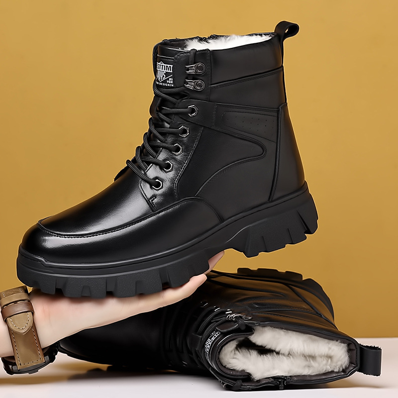 Invierno de piel de vaca de cabeza, nuevos zapatos de algodón para hombres, lana de cuero caliente, botas de alta resistencia, botas de cuero para hombres al aire libre