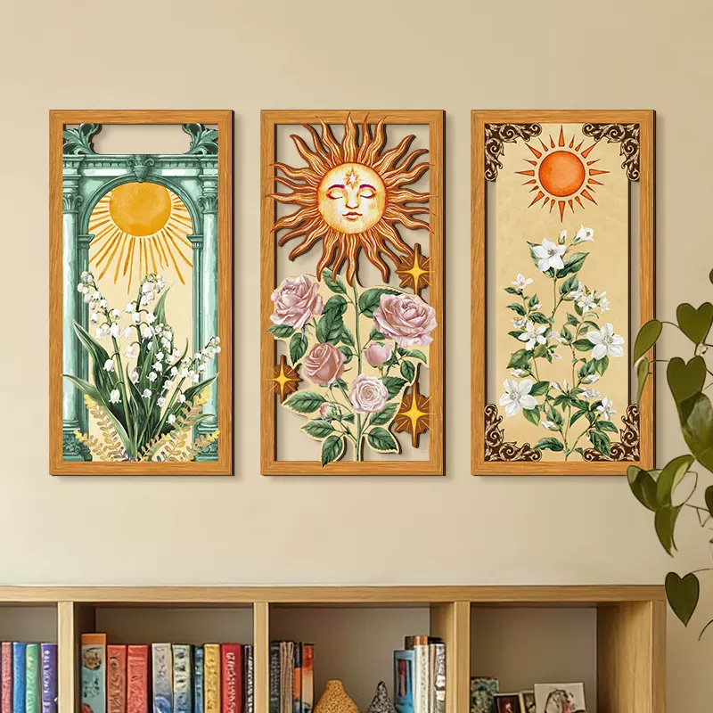 波西米亚风植物镂空木质挂牌壁挂太阳神秘自然主题墙面装饰壁饰