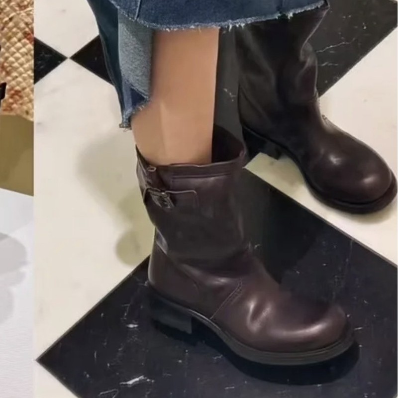 牛皮版～复古新粗跟手工褶皱中筒靴女百搭厚底堆堆靴皮带扣套筒短|undefined