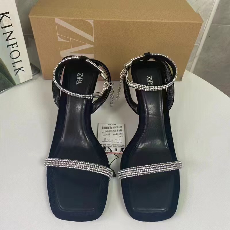 Za2025 New Summer Women's Shoes Black Diamond Buckle Fairy Elegant Square Toe High Heels Stiletto Sandals for Women Za2025 New Summer Women's Shoes Black Diamond Buckle Fairy Elegant Square Toe High Heels Stiletto Sandals for Women