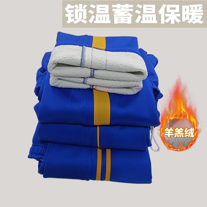 Royal Blue Double-Striped School Uniform Pants for Male and Female Students, Loose-Fitting Sports Pants with One Stripe, Winter Thickened with Lamb Wool for Warmth Royal Blue Double-Striped School Uniform Pants for Male and Female Students, Loose-Fitting Sports Pants with One Stripe, Winter Thickened with Lamb Wool for Warmth