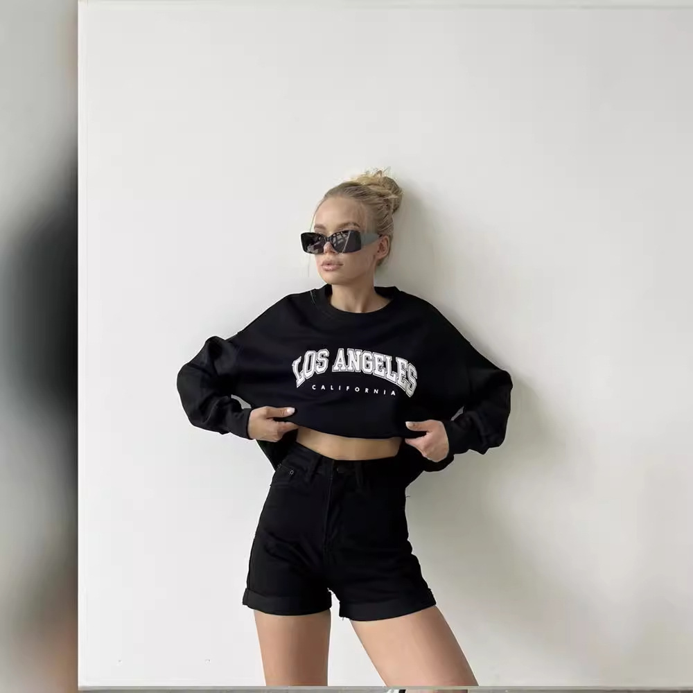 Autumn Winter Printed Loose Sweatshirt Retro Letter Graphic Pattern Fleece lined Long Sleeve Top