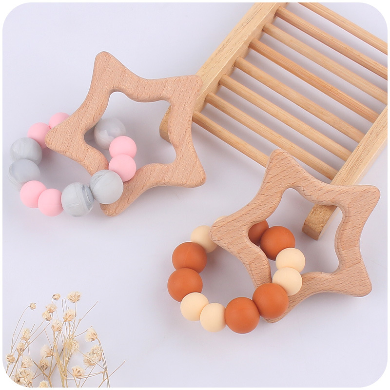 Nuevo bebé suministros de dibujos animados haya estrella mordedor creativo DIY contraste color cuentas silicona mordedura pulsera goma juguete