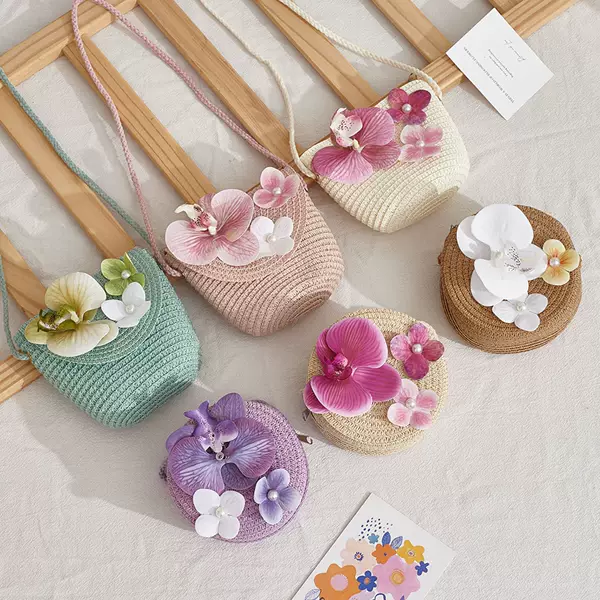 Spring and summer orchid straw woven bag for girls, children's woven bag for outdoor outings, small shoulder bag, coin purse, phone bag