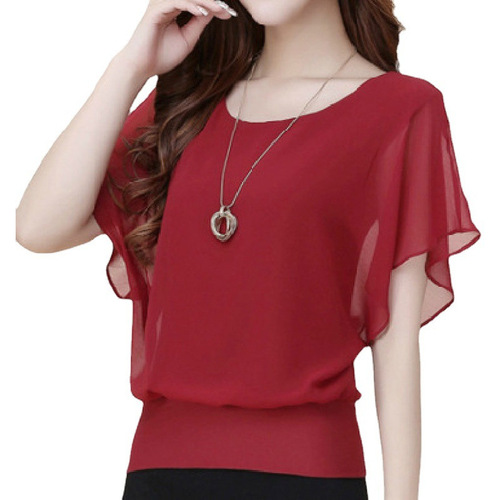 2024 new summer new round collar short sleeve loose fashionable chiffon large size base shirt for women