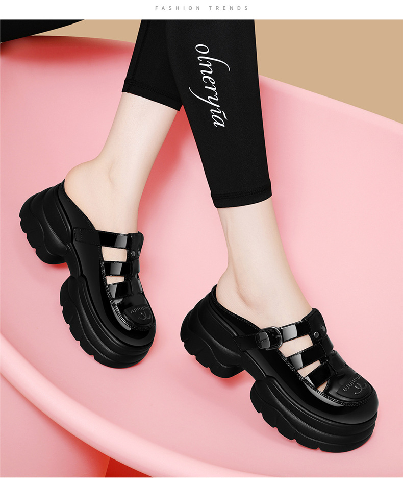 Dép sandal nữ quai chữ V đế xuồng dày 5 cm, phong cách La Mã, mũi kín, kiểu lười khoét lỗ — JST 7131 màu đen, JST 7131m màu chi tiết 8