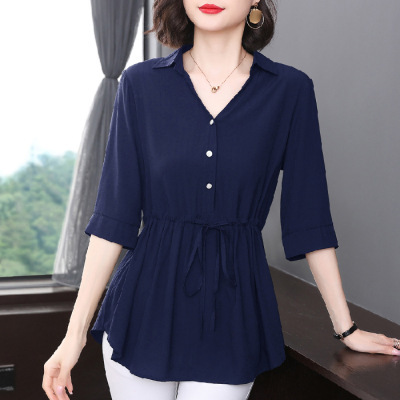 Short-Sleeved Shirt Women's Mid-Sleeve Summer 2021 New Loose Belly-Covering Waist Top Black Large Size Mid-Length Thin Style