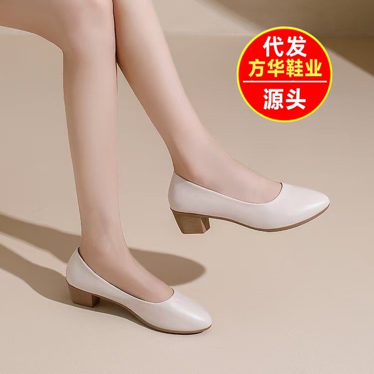 2025 otoño zapatos negros de tacones altos de primavera de cuero suave zapatos de trabajo de viaje de tacones gruesos zapatos de cuero de punta zapatos de mujer