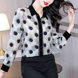 25春秋季新款翻领圆点中年妈妈气质长袖衬衣桑蚕丝女真丝雪纺衬衫