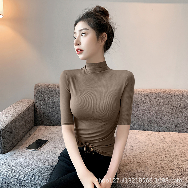 여성 스레드 짧은 소매 티셔츠 새로운 폭발 봄과 여름 고귀한 반 높은 칼라 인기 유행 내베이스 셔츠 탑