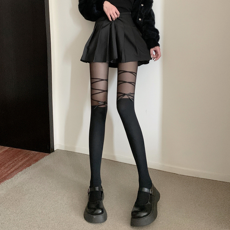Bow-Tie Stockings Sweet Girl Jk Ballet Style Thin Sexy Black Pantyhose Pure Desire Milky White Splicing