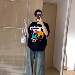 黒のTシャツ、女性用、夏服、多用途Tシャツ、かわいいウサギプリント、純綿ルーズトップ、立体プリント