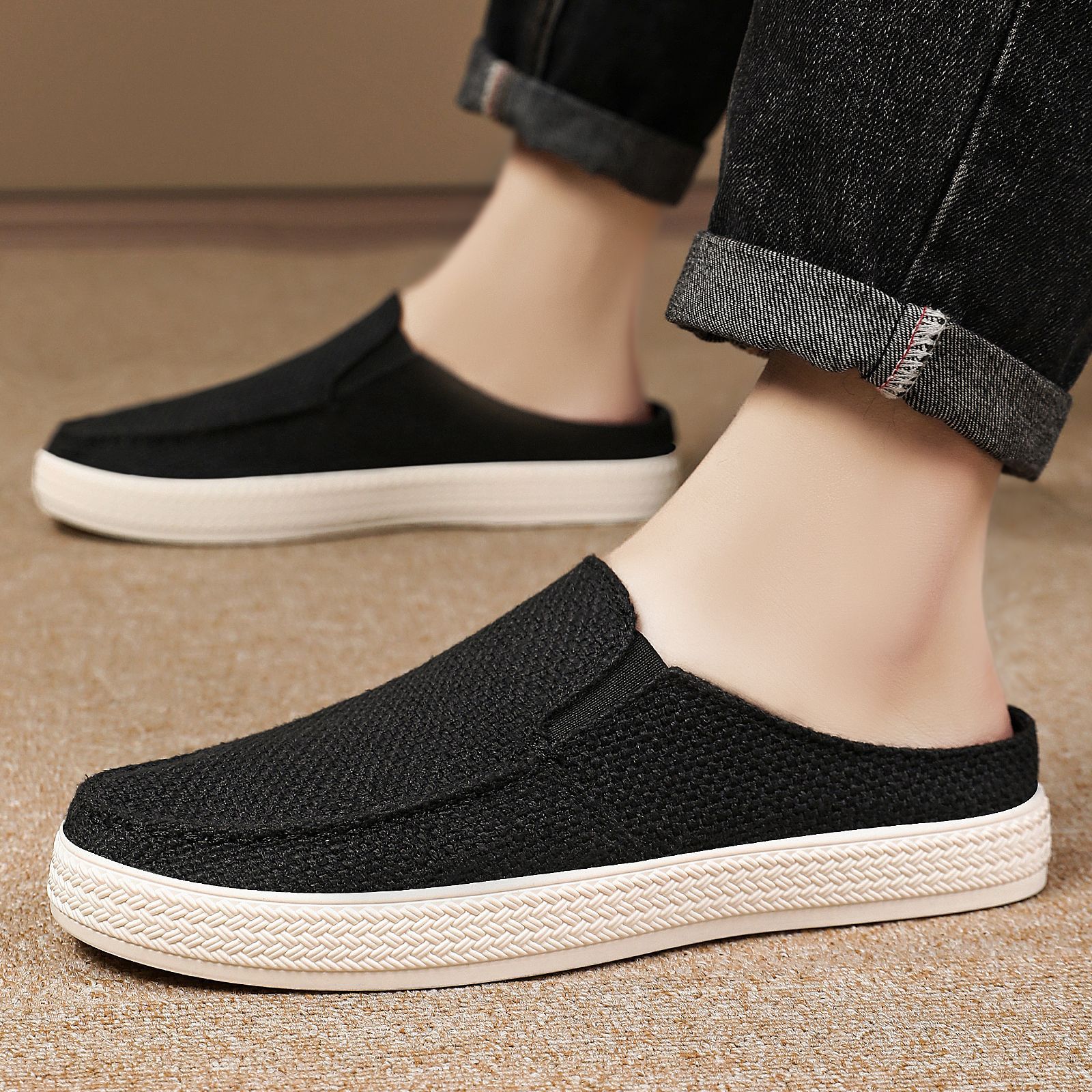 鞋子男老北京布鞋棉麻休闲男鞋纯色简约豆豆鞋低帮懒人包头半托鞋