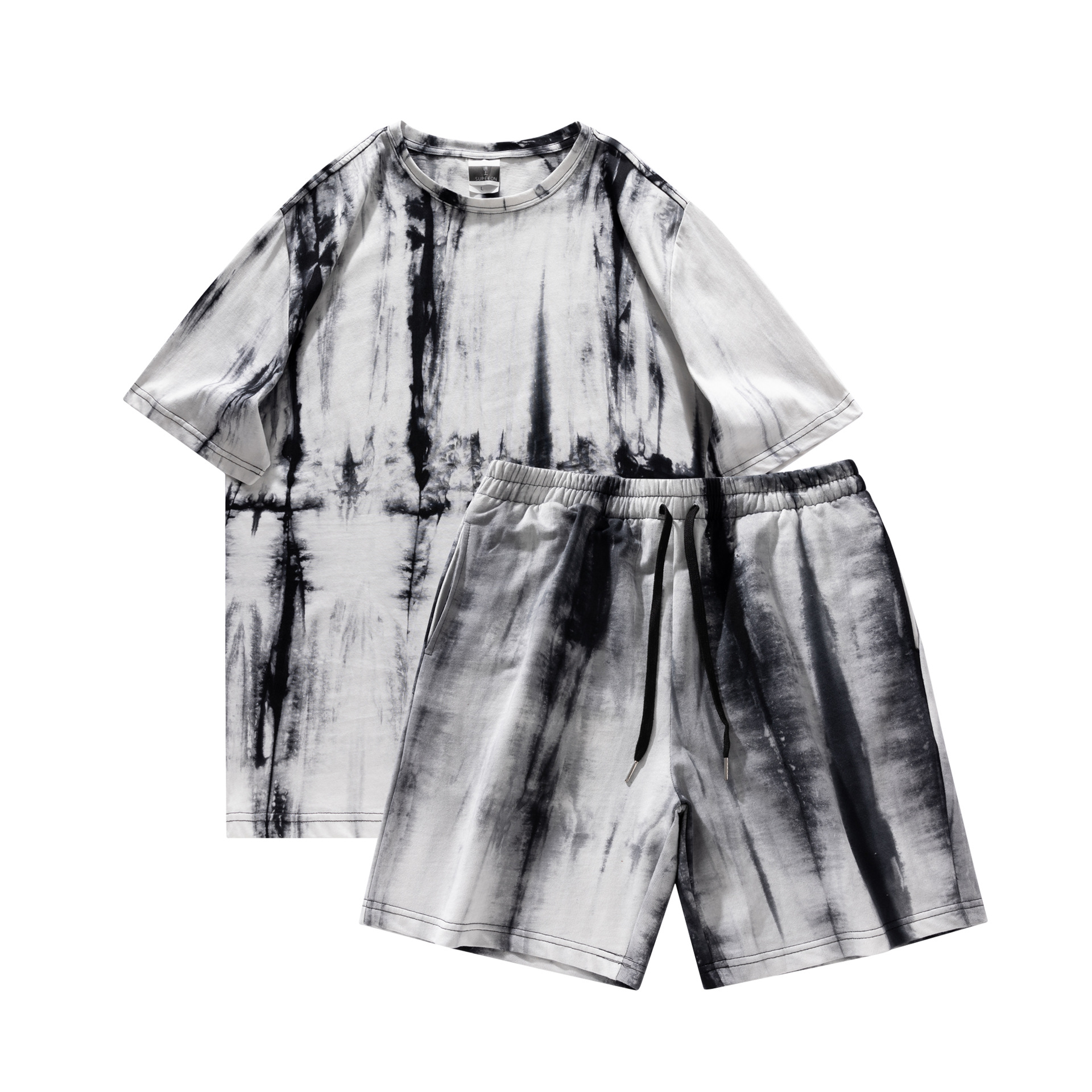 Summer Two-piece Suit Men's Heavy Loose American Retro Casual Contrast Color Tie-dye Suit T-shirt