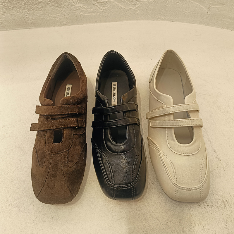 Luceqi 2026 Spring Frosted Mary Jane Shoes French Ballet Shoes Velcro Soft Leather Casual Flat Women's Shoes