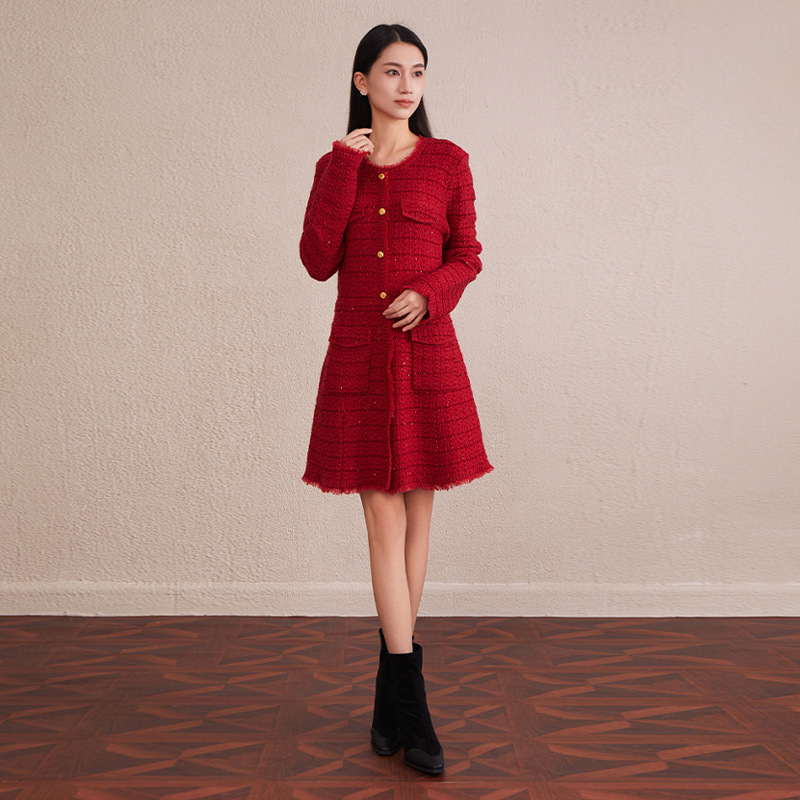 Tweed Style Red Dress Autumn and Winter New Round Neck Long-Sleeved Engagement Dress Bride's Home Toast Dress Mid-Length Skirt