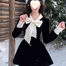 系富家千金黑色连衣裙女秋冬新款新品感小香风穿搭收腰公主裙百搭