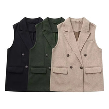 都市通勤无袖双襟休闲背心秋季双排扣坎肩外套中长款叠穿气质上衣