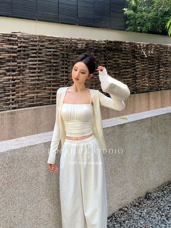 早秋套装女装纯欲风吊带背心内搭修身长袖开衫外套阔腿休闲长裤子|undefined