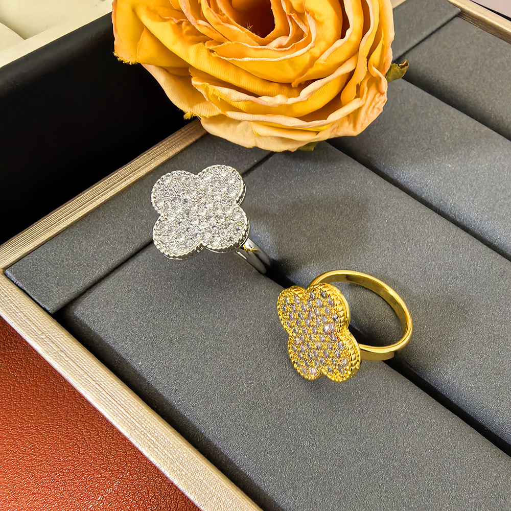 2024微鑲滿鑽四葉草戒指歐美風格個性韓國氣質低調手飾情人節禮物