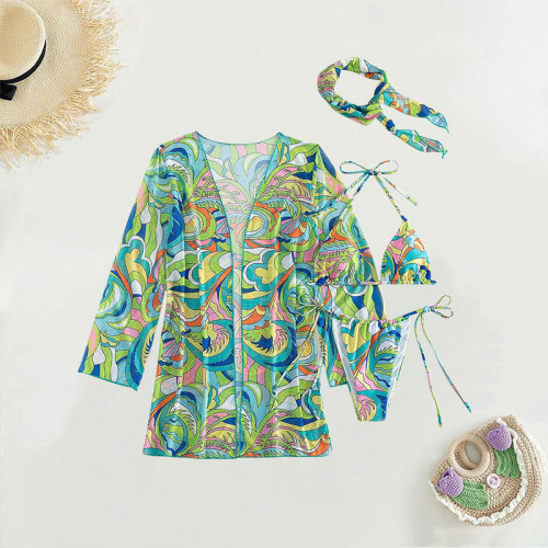 2024 New Printed Shawl Halter Neck Swimsuit Three-piece Set AliExpress Mesh Sunscreen Beach Spa Bikini