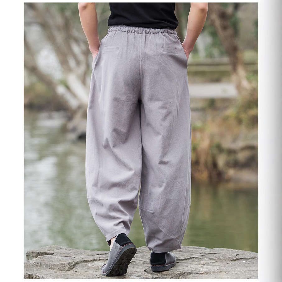 Pantalones casuales de lino de estilo chino de primavera y verano para hombres Pantalones anchos de talla grande de traje Tang de estilo retro de algodón y lino