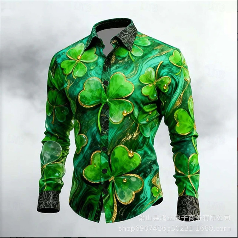 Fashionable Men's Casual Long-Sleeve Shirt, New Green Clover Lucky Pattern 3D Print Holiday Men's Clothing