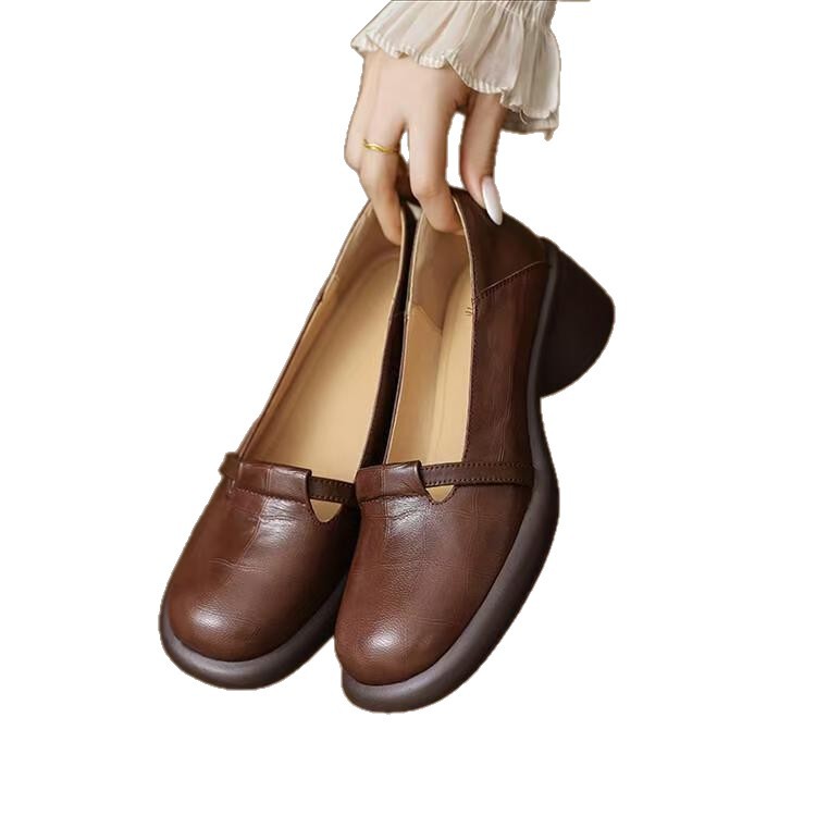 Vintage estilo francés cabeza redonda superficial zapatos 2026 primavera nuevos zapatos de cuero pequeños con suela gruesa zapatos de tacones altos para mujeres