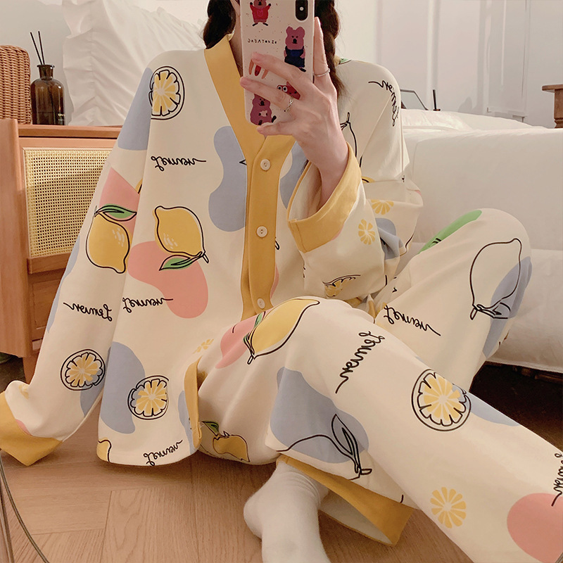 2025年新款家居服少女风开衫长袖长裤套装甜美可爱印花春秋季睡衣|undefined