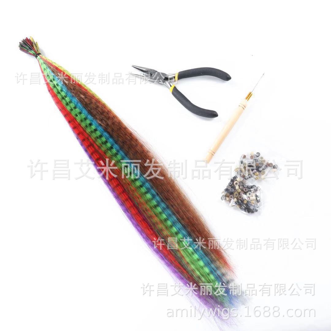 Peluca al por mayor de la fábrica de comercio exterior extensión del pelo pieza de pelo de plumas 50 piezas traje de color rayado peluca recta larga pieza en stock