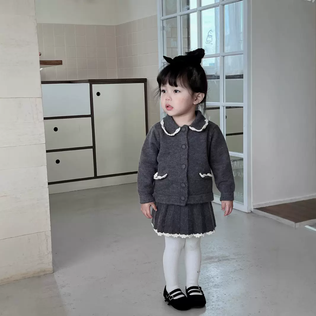 秋冬ins女童圣诞毛衣套装女宝撞色翻领手钩新年服 上衣＋短裙2件