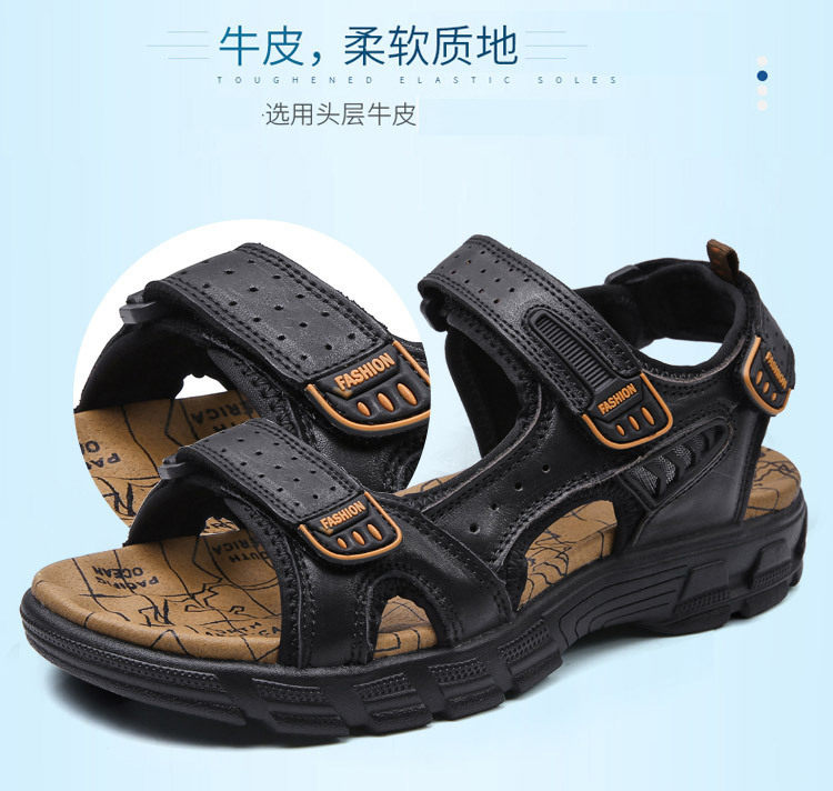 Dép sandal nam da bò hở mũi đế dày, quai buộc thoáng khí cỡ lớn — màu đen, vàng, Màu nâu chi tiết 9