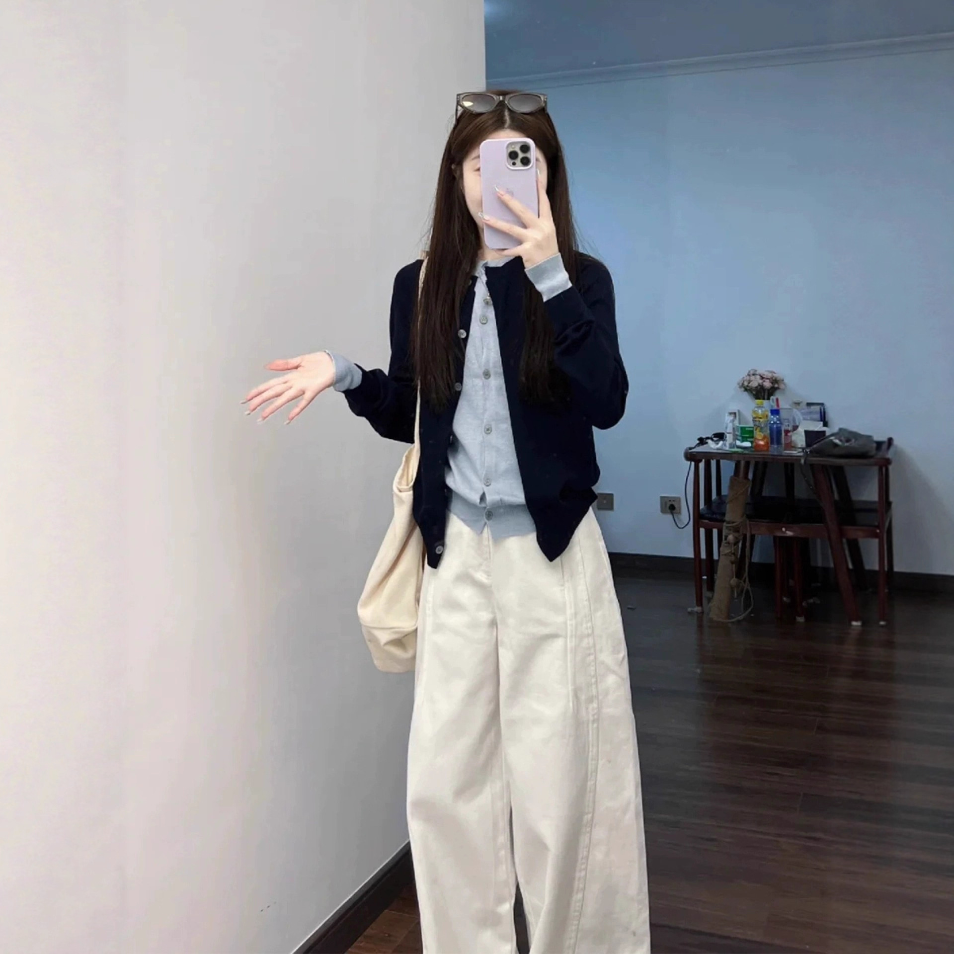College Style Blue Knitted Cardigan Suit for Women 2025 Korean Style Early Autumn Fashion Wear with a Complete Set of High-End Feel