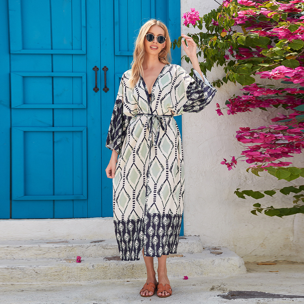 Transfronteriza europea y americana nueva chaqueta de punto de manga larga ropa para el hogar bata de baño camisón vestido de vacaciones bikini ropa de protección solar 3808