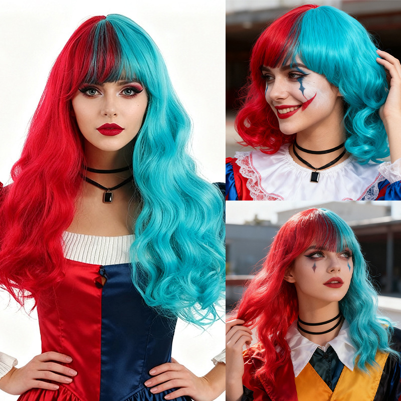 Foreign Trade Cross-Border Wigs, Red and Blue Two-Tone Long Curly Hair Clown Costume Wigs, Christmas Wig Headgear Wholesale
