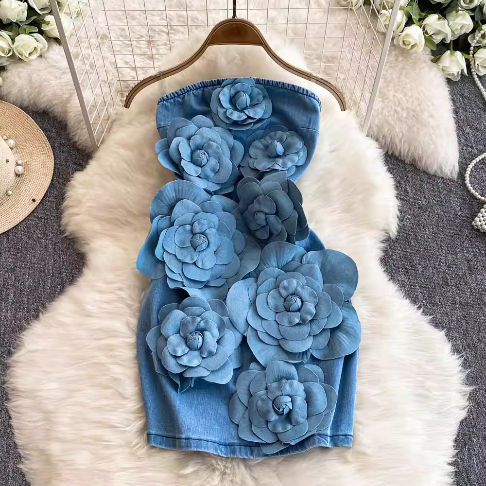 High-End Elegant Evening Party Handmade Stereo Large Flower Tube Top Dress Waist Slimming Look Chic Denim Dress