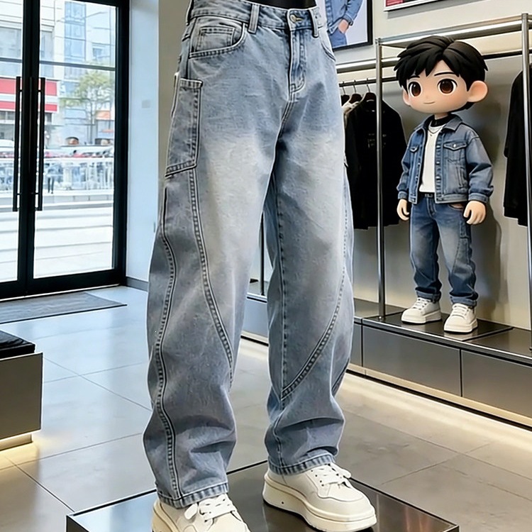 Men's summer jeans, light blue, American style, angled cut, straight casual work pants, loose wide-leg pants with patchwork