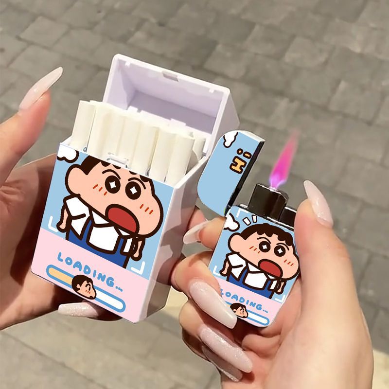 Crayon Small New Cute Lighter Cigarette Case Pink Flame Flip Portable Internet Popular Same Style 20 Pack Boyfriend Tide