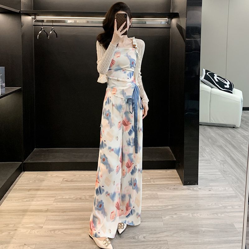 网红炸街休闲运动套装女夏季碎花阔腿裤扎染吊带防晒开衫气质三件|undefined