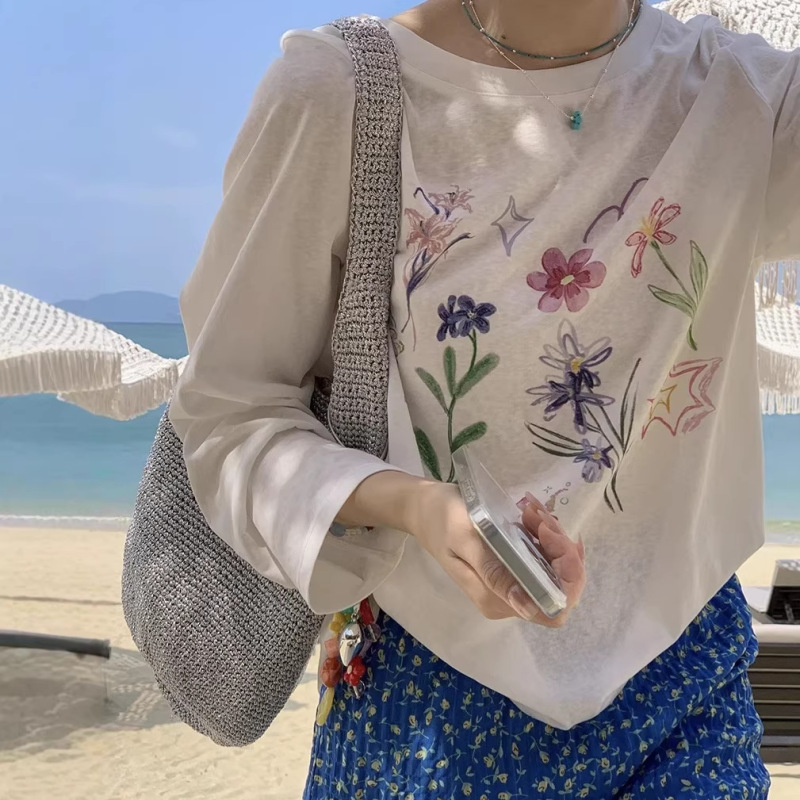 Alice Sweet Dreams~Hand-Painted Floral Transparent Snowflake Cotton Long-Sleeved T-Shirt for Women Spring and Summer Sun Protection Lazy Cover-Up