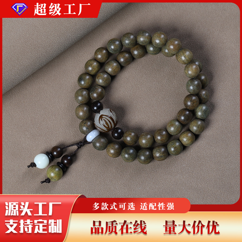Green sandalwood Buddhist prayer beads bracelet with bodhi seeds and lotus flowers, double-loop sandalwood women's artistic and ethnic style couple jewelry gift.