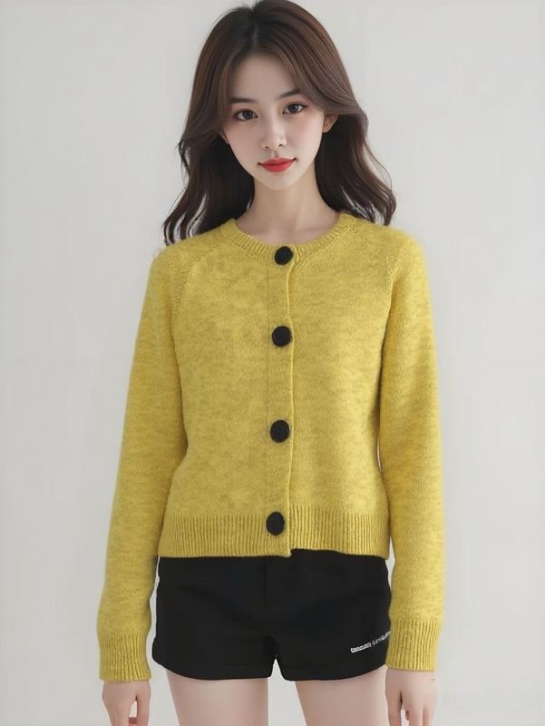 法式圆领短款针织开衫女2025秋季新款女装上衣设计感纽扣毛衣外套|undefined