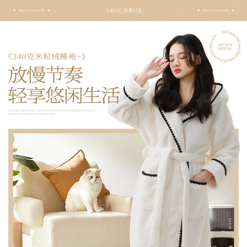 in stock Autumn and Winter New Coral Fleece Thickened Beautiful Fleece Men's and Women's Nightgown Long Bathrobe Couple Pajamas