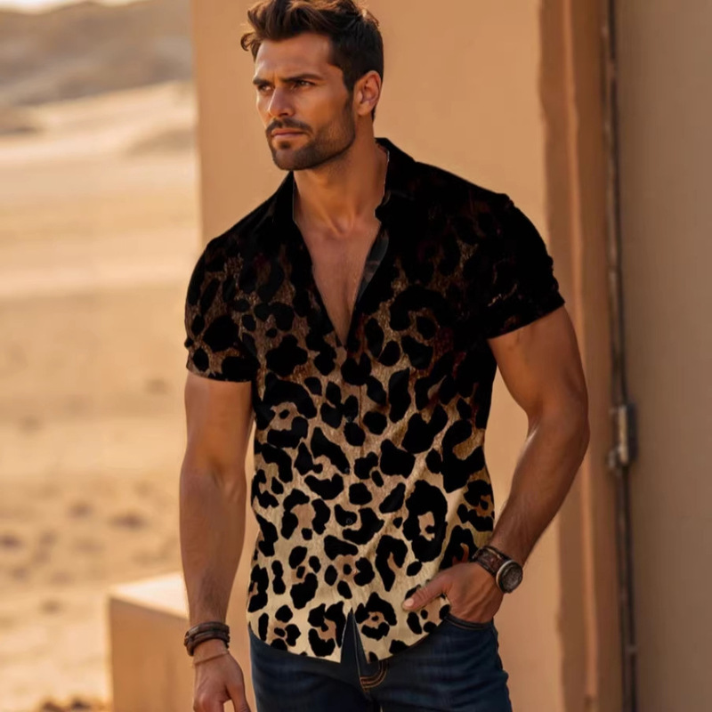 European and American Popular Leopard Print Gradient Shirt for Men, Men's Short-Sleeve Shirt, Cross-Border Men's Fashion, New Summer Shirt