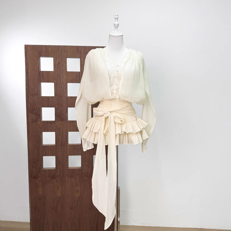 Vietnamese Niche Pure Desire Lace Patchwork Long-Sleeve Shirt with Ruffled High-Waist Tie Short Skirt Dress for Women Spring and Summer