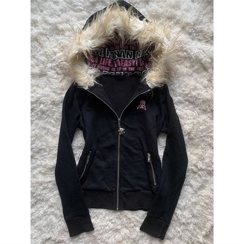 Skull Gothic Style Cardigan Letter Black Hooded Sweatshirt Japanese Style Zipper Jacket Women's Fur Collar