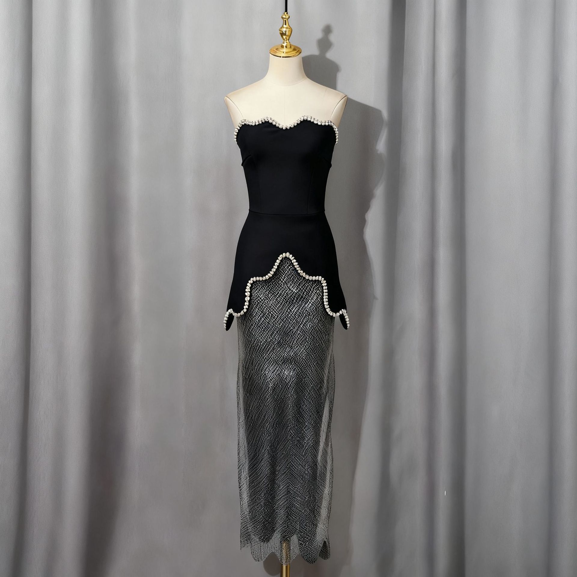 Elegant French-Inspired Sequin & Beaded Dress Set – Strapless Top & Glitter Skirt (Black, S-XL)_voghion.com