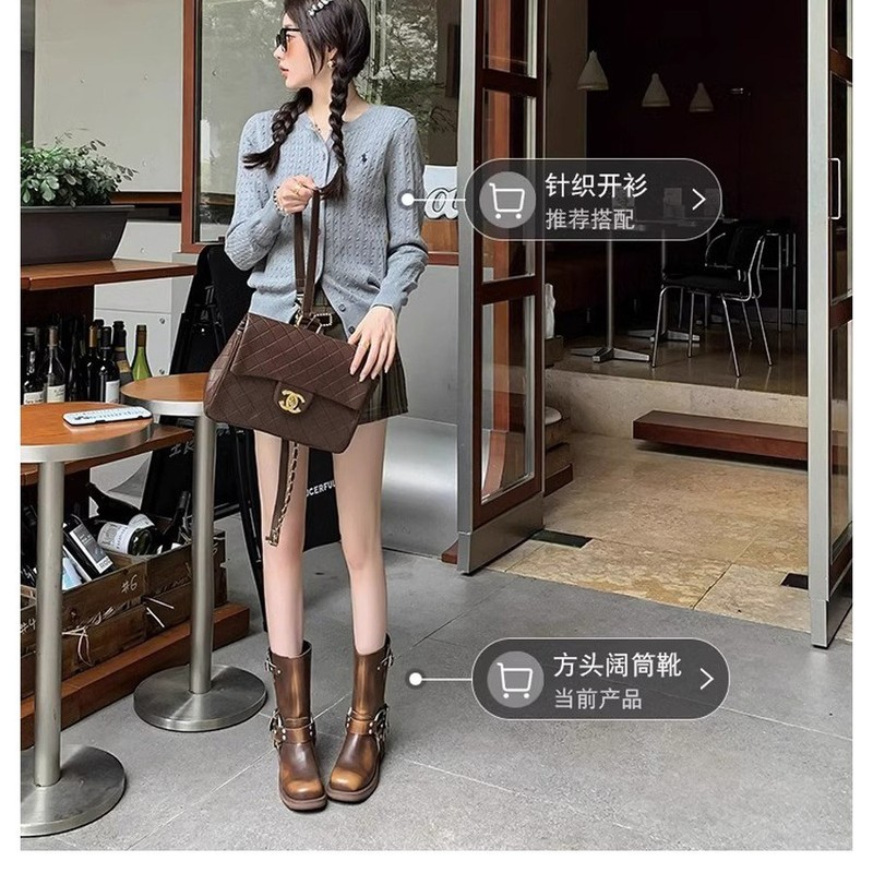 新款短靴女春秋复古西部牛仔靴子女长筒靴皮带扣马丁靴套筒骑士靴|undefined