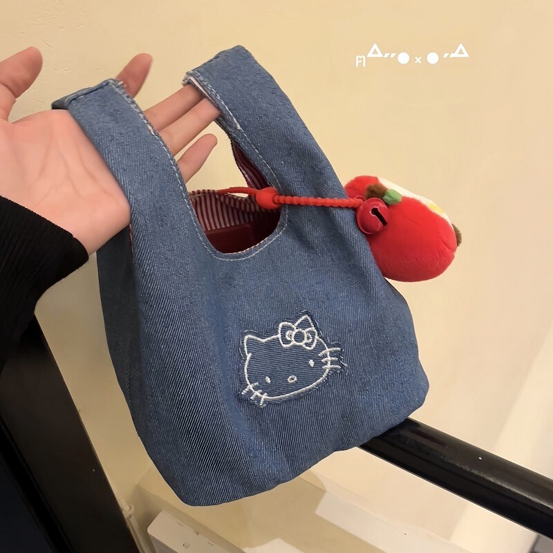 かわいい新しいデニムキティ通勤刺繍バッグポータブルストレージ外出コントラストカラーポータブル小さなバッグ|undefined
