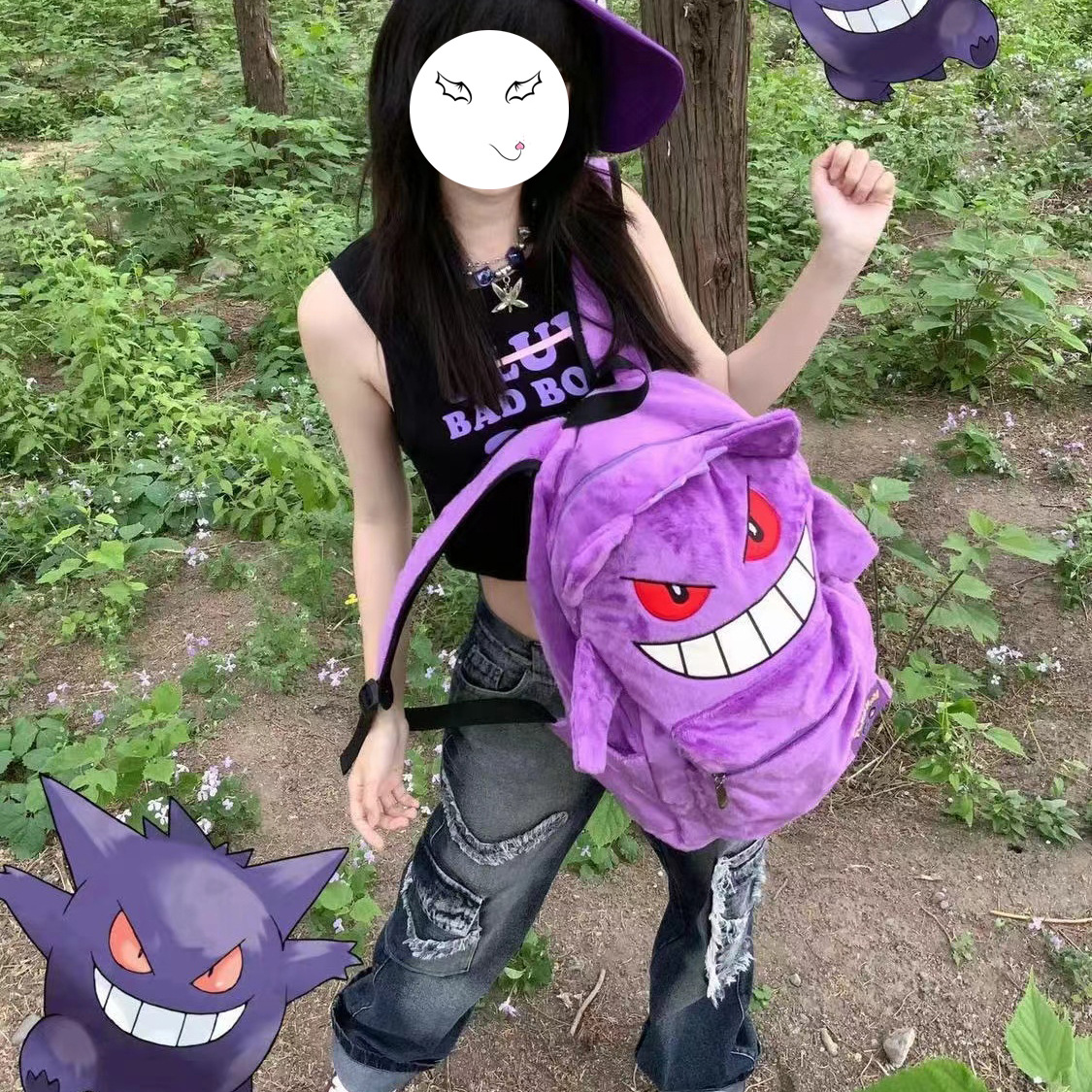 Wlgs hecho en casa Gen fantasma púrpura felpa mochila pareja masculino y femenino estudiante mochila juventud mochila de dibujos animados de gran capacidad